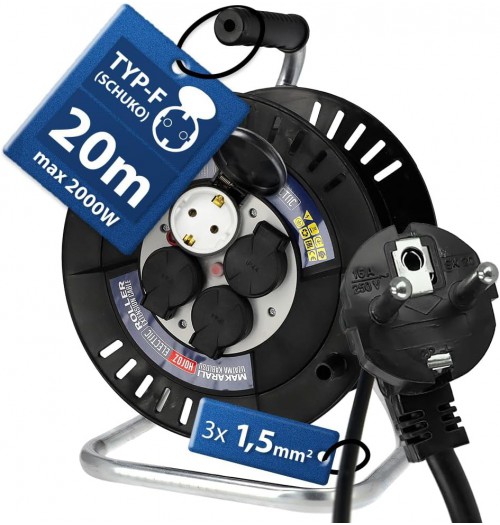 Ilgiklis-ritė 20 m 4 lizdų IP44 (3x1.5mm² kabelis) HOROZ Electric