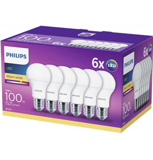 Lempučių rinkinys PHILIPS E27 A60 13W 2700K 1521lm 6PACK