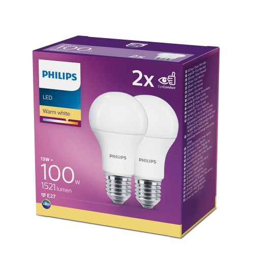 Lempučių rinkinys PHILIPS E27 A60 12.5W 2700K 1521lm 2PACK