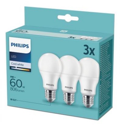 Lempučių rinkinys PHILIPS E27 A60 9W 4000K 806lm 3PACK