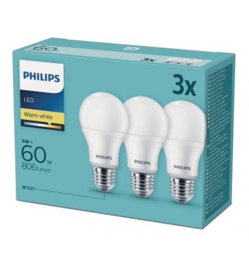 Lempučių rinkinys PHILIPS E27 A60 9W 2700K 806lm 3PACK