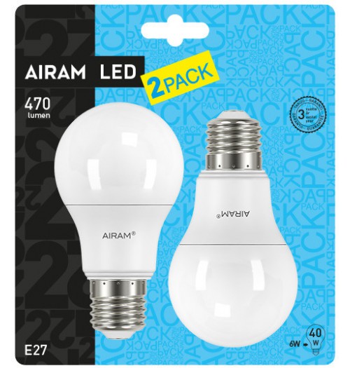 Lemputė AIRAM LED E27 A60 6W 2800K 2PACK