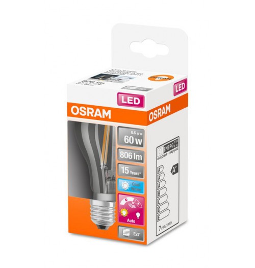Lemputė OSRAM LED STAR+ E27 A60 6.5W 4000K 806lm su fotorele