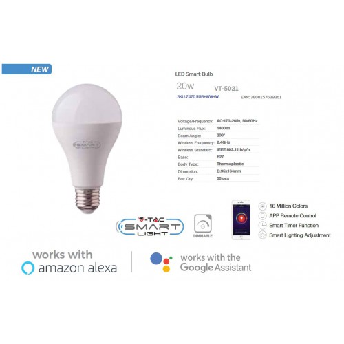 Lemputė V-TAC SMART E27 A95 20W RGB+2700-6500K valdoma Amazon Echo, Google Home