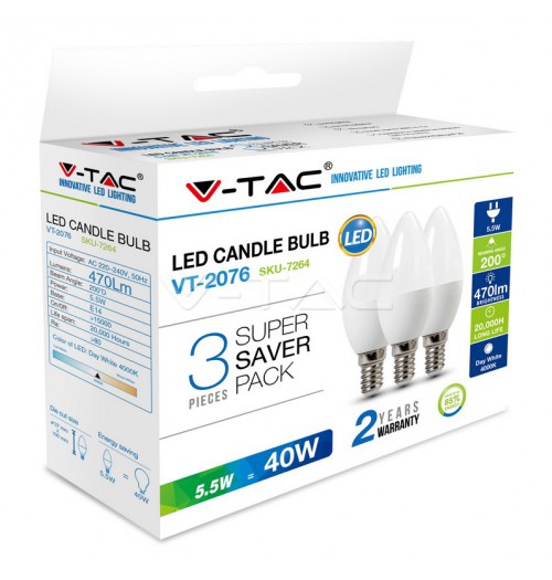 Lemputė V-TAC LED E14 C37 5.5W 2700K rinkinys 3 vnt.