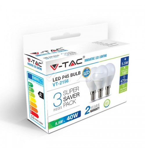 Lemputė V-TAC LED E14 P45 5.5W 2700K rinkinys 3 vnt.